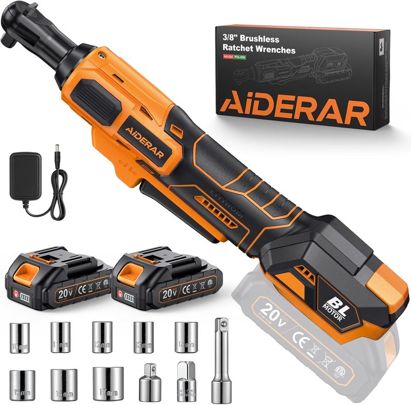 AIDERAR 20V Brushless Cordless Ratchet Wrench 3/8", 67Ft-Lbs/ 90Nm Max Fastening Torque, 2x 2Ah Battery, 300RPM, Power Electric Ratchet Driver for Makita Battery, Set with 8 Sockets, 1/2"& 1/4"Adapter - Image 1